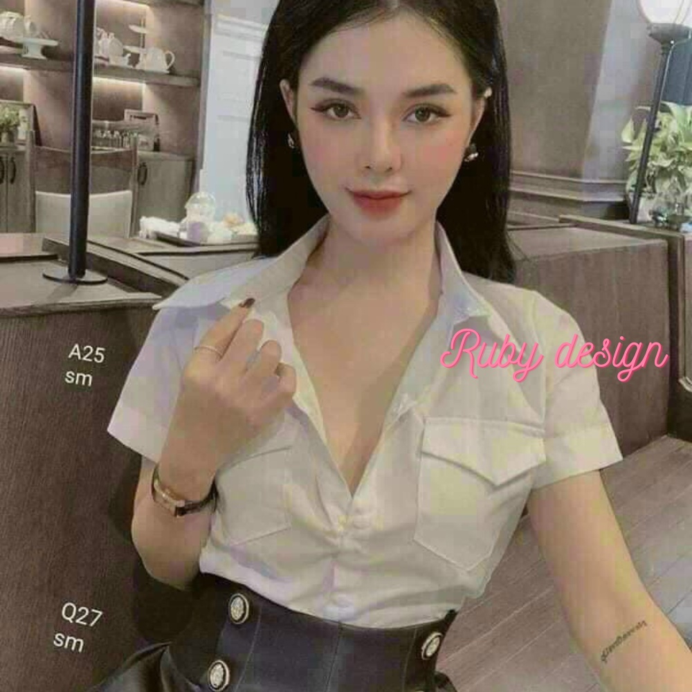 Áo sơ mi kiểu nữ áo sơ mi nữ màu trắng 2 túi ngực tay ngắn vải thô đẹp đi học đi chơi đi làm Ruby design