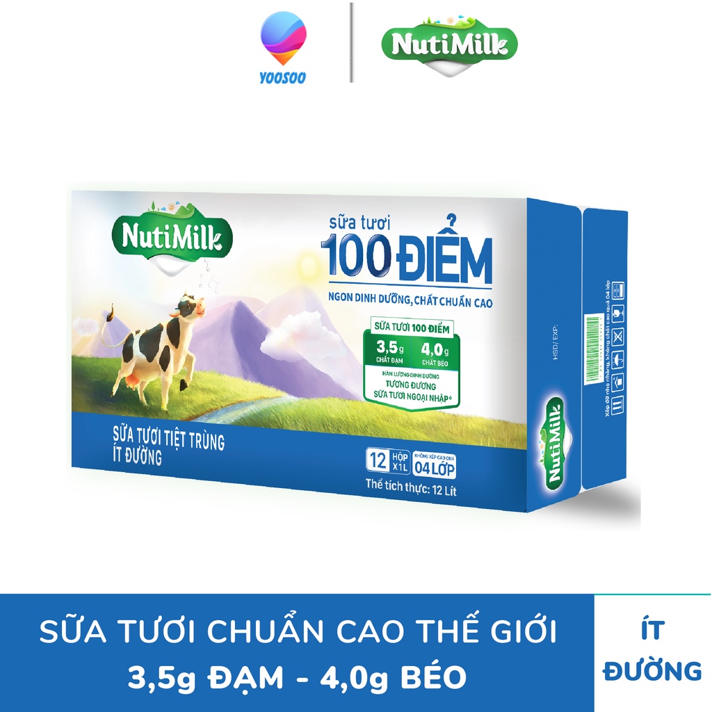 Thùng/ 12 Hộp NUTIMILK Sữa Tươi Tiệt Trùng Nguyên Chất/ Ít Đường/ Có Đường/ Đường Đen Hộp 1000mL - NUTIFOOD -YOOSOO MALL