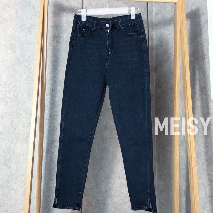 Quần jean nữ dáng ôm skinny co giãn xẻ ống cạp lưng cao màu xanh đen Meisy