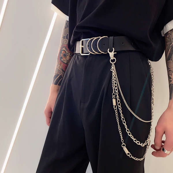 Thắt lưng phối dây xích kim loại màu đen phong cách hip hop thời trang mùa hè cá tính cho nam (có bán lẻ từng món)