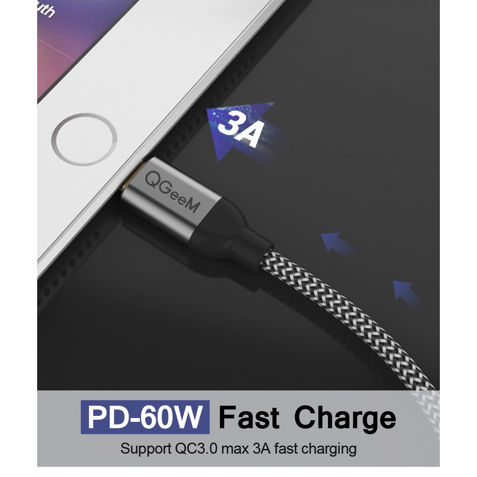 Cáp sạc nhanh QGeeM cổng USB 3.1 mạ vàng Type C to Type C 3A PD 60W , dây bện sợi nylong cao cấp - Hàng Chính Hãng