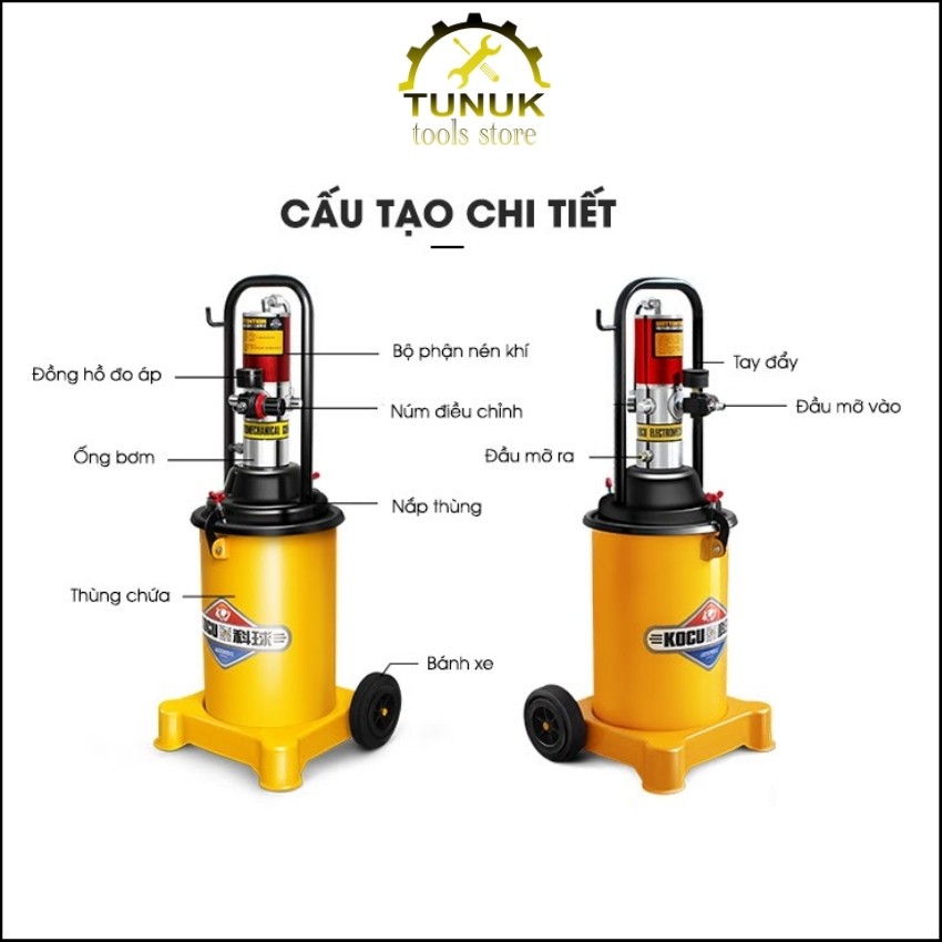 Máy bơm mỡ khí nén GZ-8 TUNUK,  binh bơm mỡ hơi 12L kocu