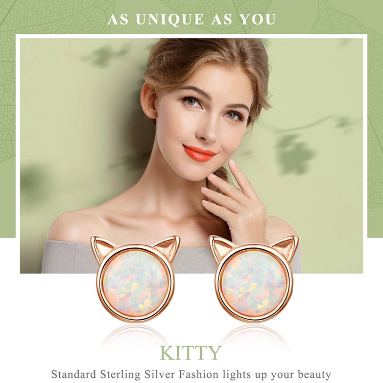 Bông Tai Bamoer Mạ Vàng Hồng Phối Tai Mèo Đính Đá Opal Nhỏ Nhắn Sang Trọng Cho Nữ