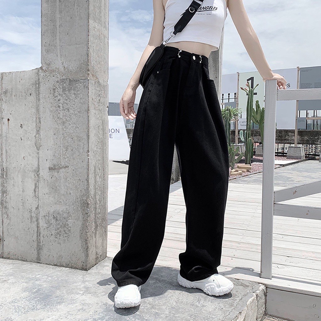 Quần Culottes Jean bò cạp cao năng động Thụng Móc Cài dài 100cm