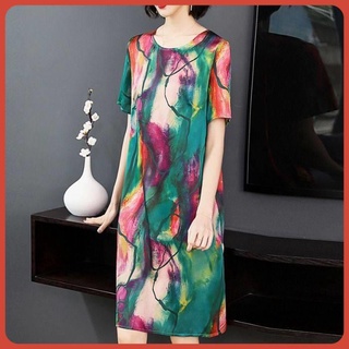 [váy trung niên cho mẹ] Đầm Lụa Plus Size In Họa Tiết Thời Trang Cho Phụ Nữ Trung Niên