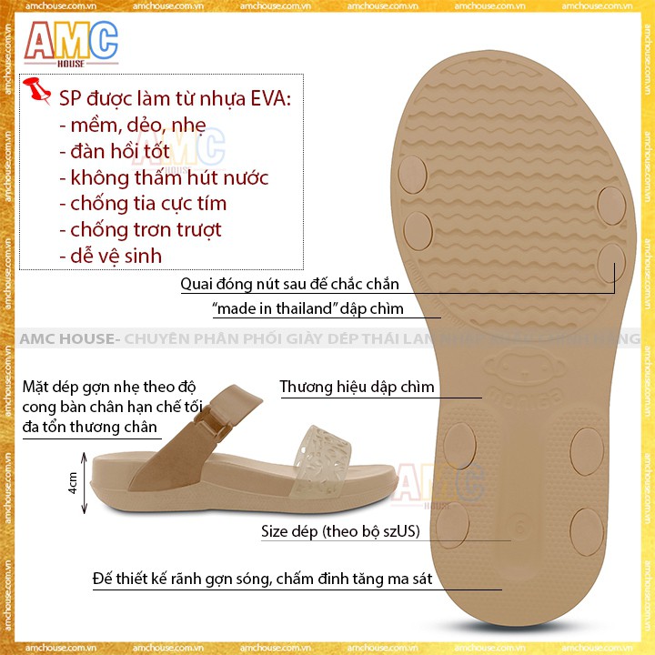 Dép nữ Thái Lan đi mưa hai quai siêu nhẹ cao 4cm - MONOBO