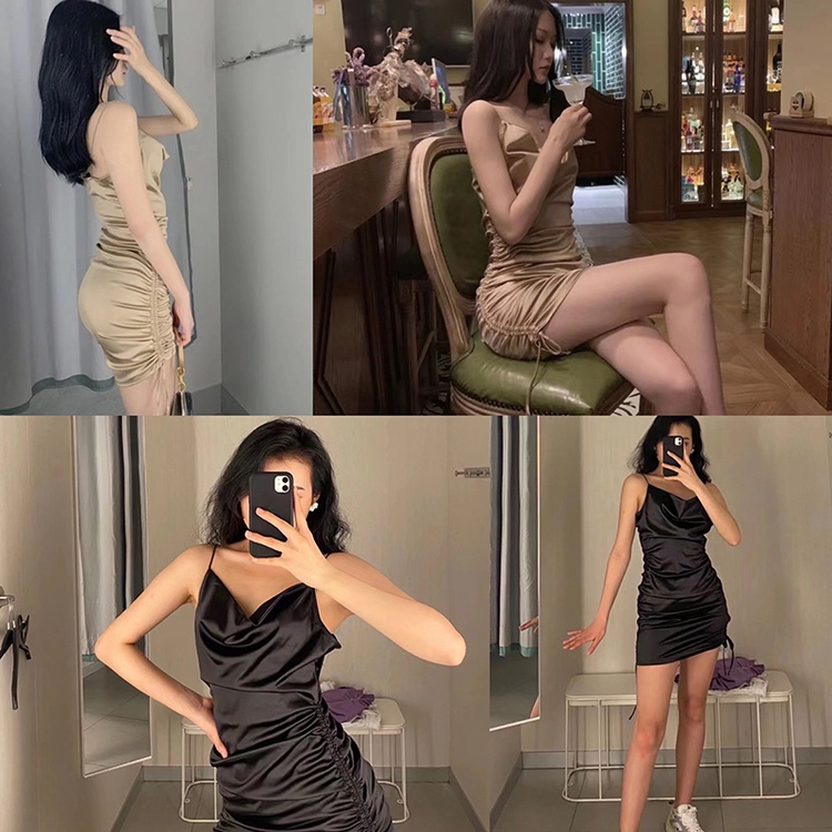 CÓ SẴN Váy body dây rút chất satin HM