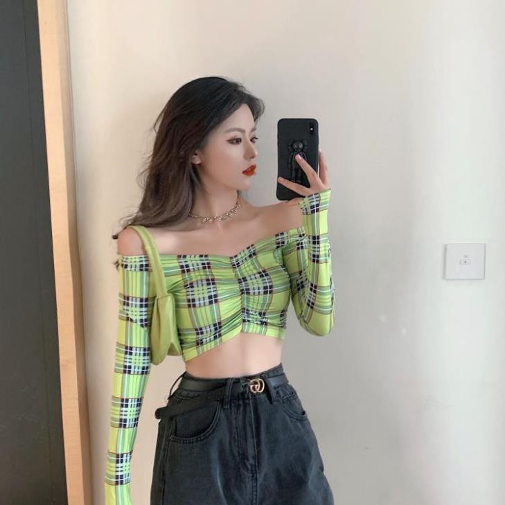 Áo croptop hở bụng nữ tay dài hạ vai gợi cảm sọc xanh lá ulzzang 💗