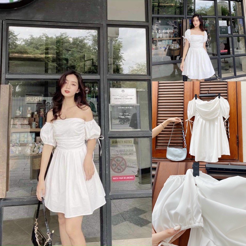 Đầm trắng xoè mặc được 2 kiểu xếp ly trước ngực