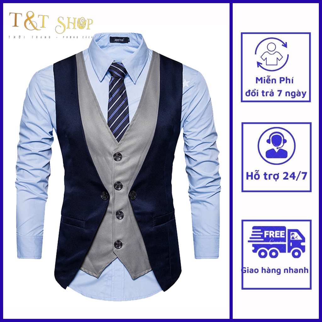 Áo Gile nam, Áo Gile T&T phối sơ mi độc đáo, đứng dang, không phai màu, không nhăn mã N43