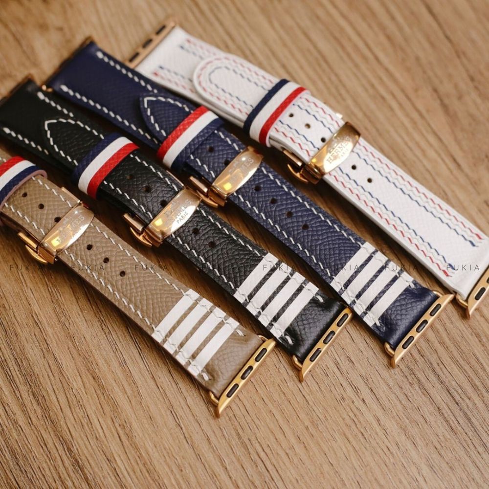 Dây da thủ công Epsom Thom Browne Xanh Navy dành cho Apple Watch đồng hồ thông minh Series 1/2/3/4/5/6/7/SE DDTC177