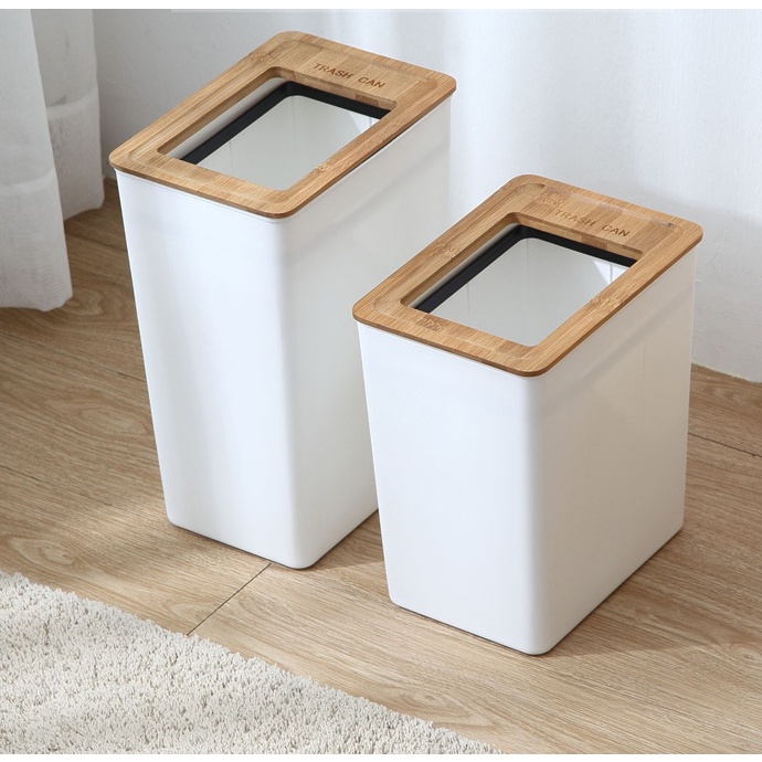 Thùng rác nhựa hình chữ nhật có nắp tre tiện dụng