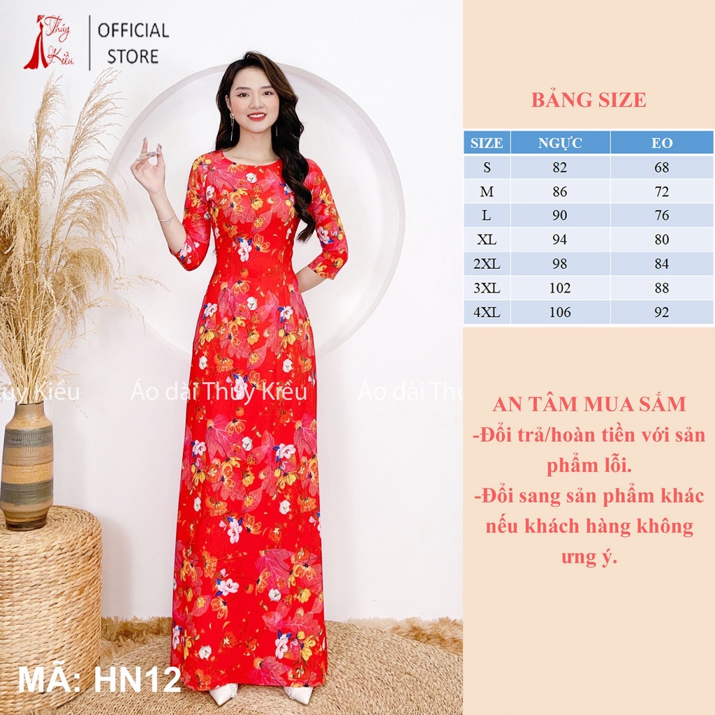 Áo dài nữ may sẵn thiết kế đẹp cách tân tết đỏ hoa nhí trắng HN12 Thúy Kiều mềm mại, co giãn, áo dài giá rẻ