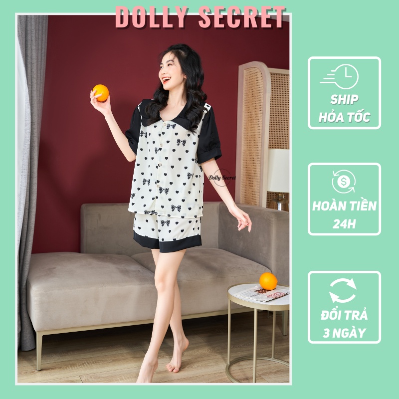 Bộ đồ Pijama lụa mango tay bồng DOLLY SECRET họa tiết chấm bi phối nơ trắng đen basic CC03