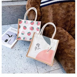 Túi cói vải mini in hình dâu táo siêu xinh, túi xách tote canvas tc02