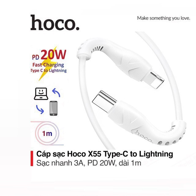 ⚡Giao Nhanh⚡ Cáp sạc PD 20W HOCO X55 Type C to IPtablet táo sạc nhanh 3A 20W dây dẻo,đầu sạc chống đứt dài 1m