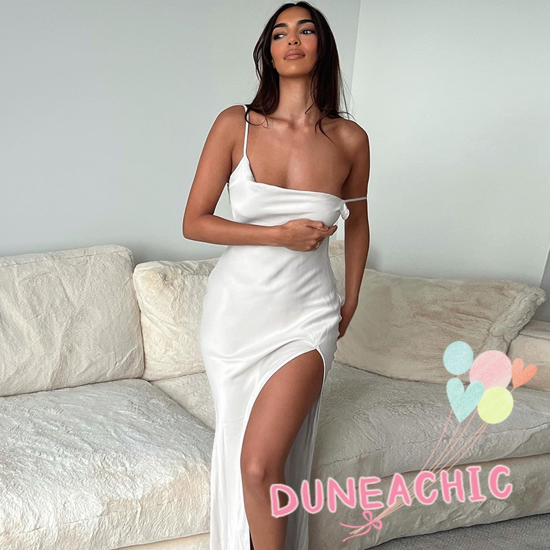 DUNEA Đầm Hai Dây Hở Lưng Màu Trơn Xẻ Tà Thời Trang Cho Nữ L0530