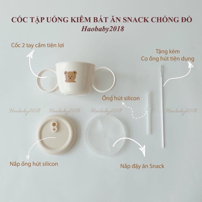 Cốc tập hút ba giai đoạn chống đổ Tgm x Dottodot Hàn 2in1 kèm nắp đậy kiêm bát ăn dặm snack cho bé- Haobaby2018