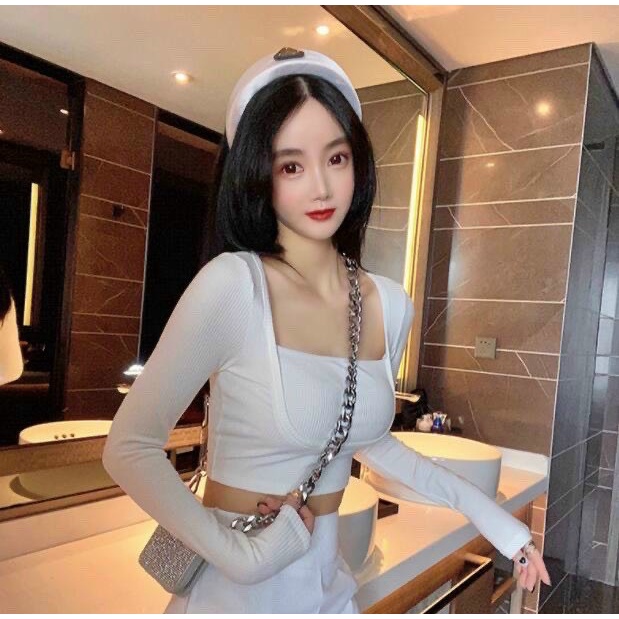 Áo Croptop Gân Bó TAy Dài Cổ vuông Siêu Xinh TTVV0028