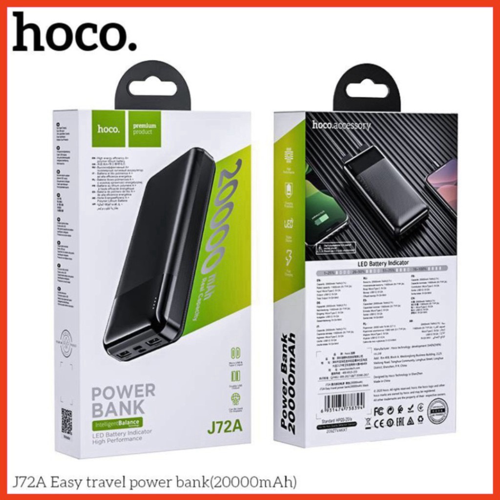 Sạc Dự Phòng 20000mAh 2 cổng Input Chính Hãng Hoco J72A Easy travel (Bảo Hành 12 Tháng)