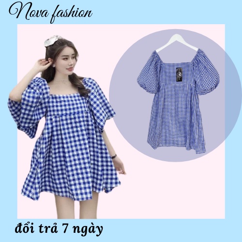Váy Kẻ Caro Xanh Tay Bồng Bẹt Vai, Đầm Babydoll Kẻ Caro Xanh