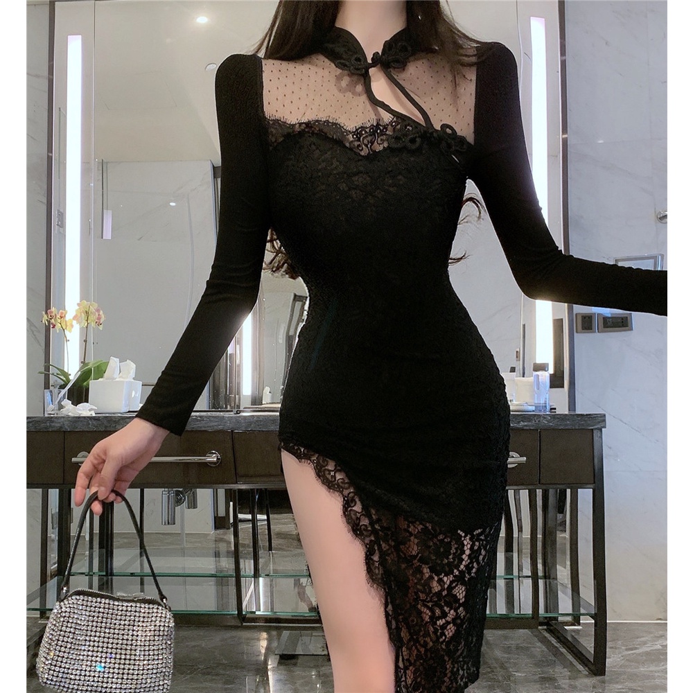 Đầm Sườn Xám Dáng Ôm Phối Ren Thời Trang Thu Đông 2022 Cho Nữ