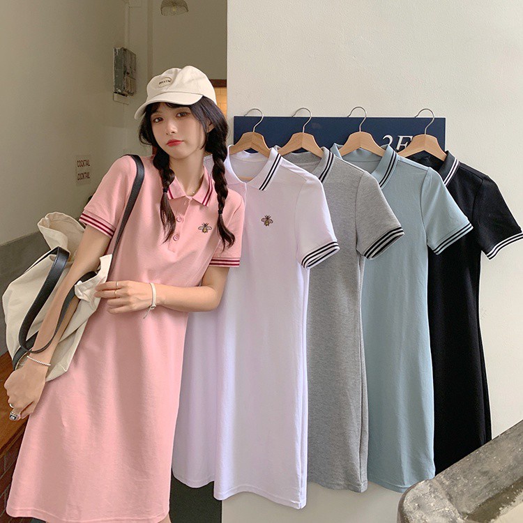 Đầm Thun Tay Ngắn Cổ Polo Dáng Dài Thời Trang Xinh Xắn Cho Nữ