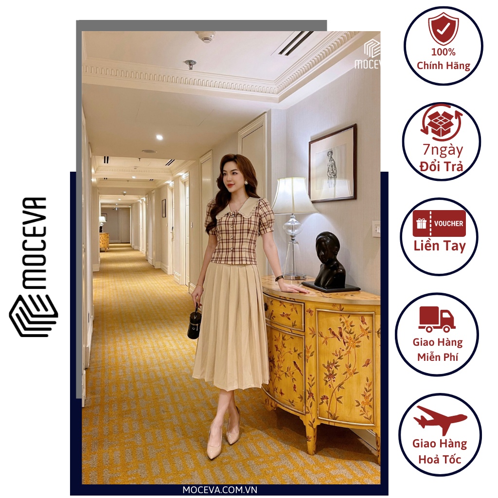 Áo Sơ Mi Kẻ Cổ Bèo MOCEVA Sang Chảnh Mix Chân Váy Thiết Kế 2AS31107 & 2DS31107