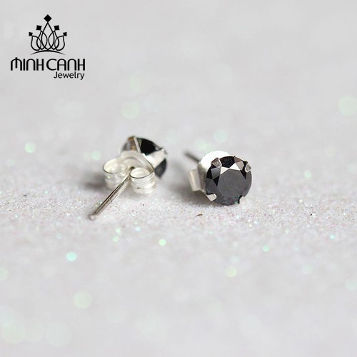 Bông Tai Nụ Đá Tròn Đen Chốt Bạc Ta - Minh Canh Jewelry