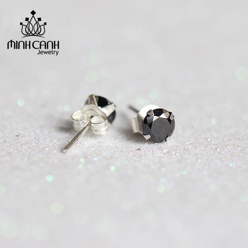 Bông Tai Nụ Đá Tròn Đen Chốt Bạc Size 5MM - Minh Canh Jewelry