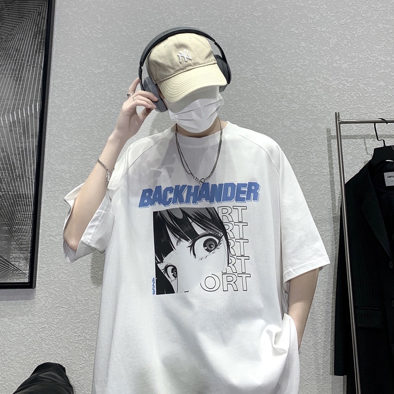 Áo thun tay ngắn cổ tròn dáng rộng họa tiết hoạt hình phong cách Hàn Quốc sành điệu cho nam size lớn S-8XL