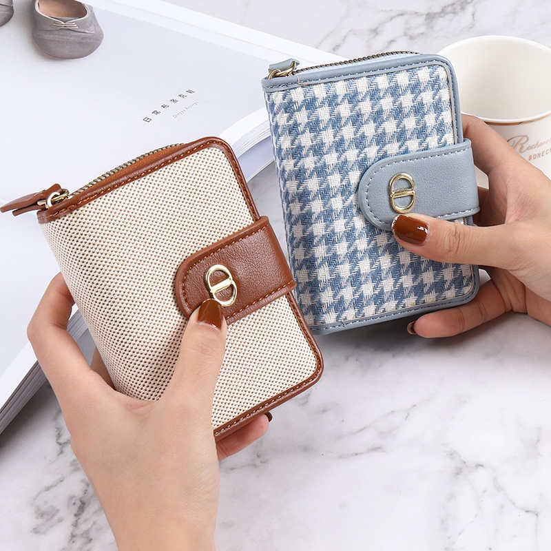 Ví Vải Canvas Dáng Ngắn In Họa Tiết Houndstooth Cá Tính Cho Nữ