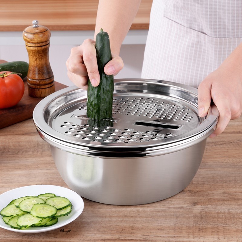 Bộ Bào Nạo Rau Củ Kiêm Rổ Và Chậu Inox Cao Cấp Đa Năng