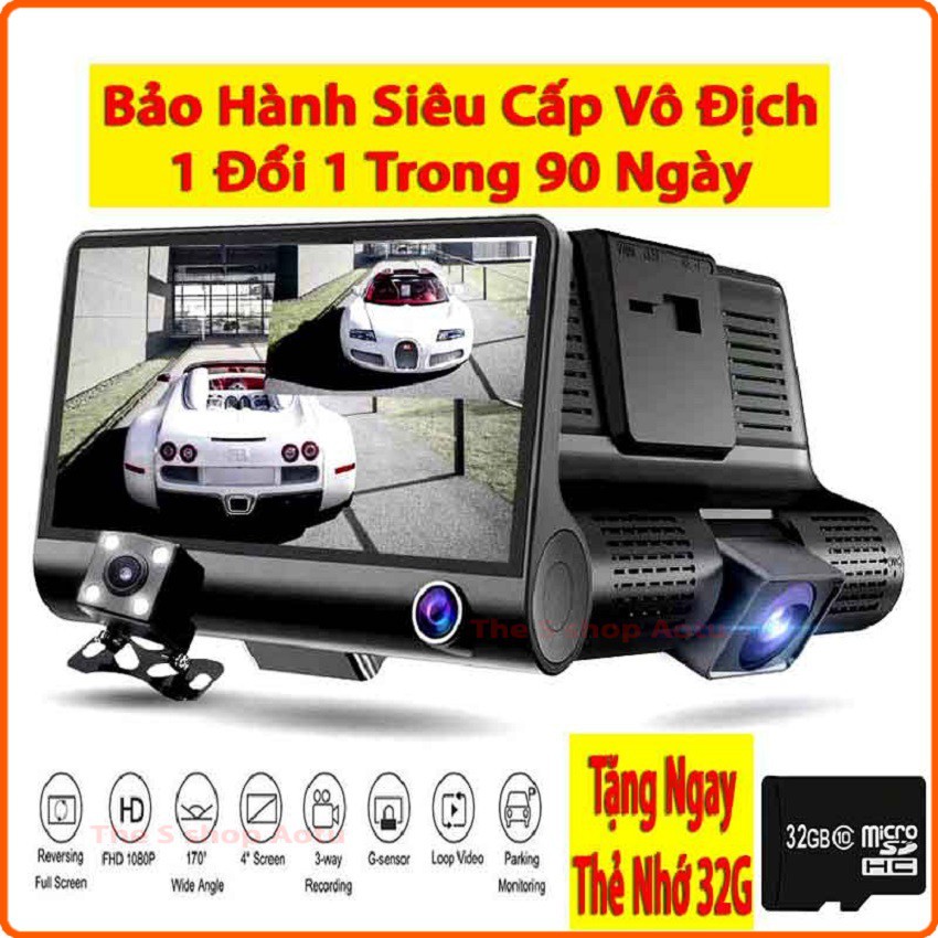 Camera hành trình ô tô 3 mắt camera, màn hình 4 inh full HD, ghi hình đa chiều, có chế độ ghi đè kèm thẻ nhớ 32G -LaKaDo