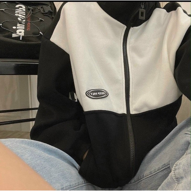 Áo Khoác Jacket PALY Đen Phối Form Rộng Dây Kéo Phong Cách Ulzzang Unisex
