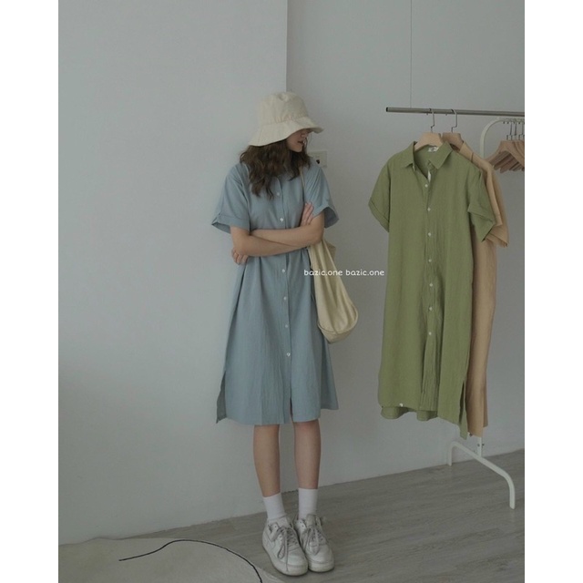 [Ảnh thật/sẵn] Váy sơmi kèm dây buộc eo mặc 2 kiểu Hàn Quốc