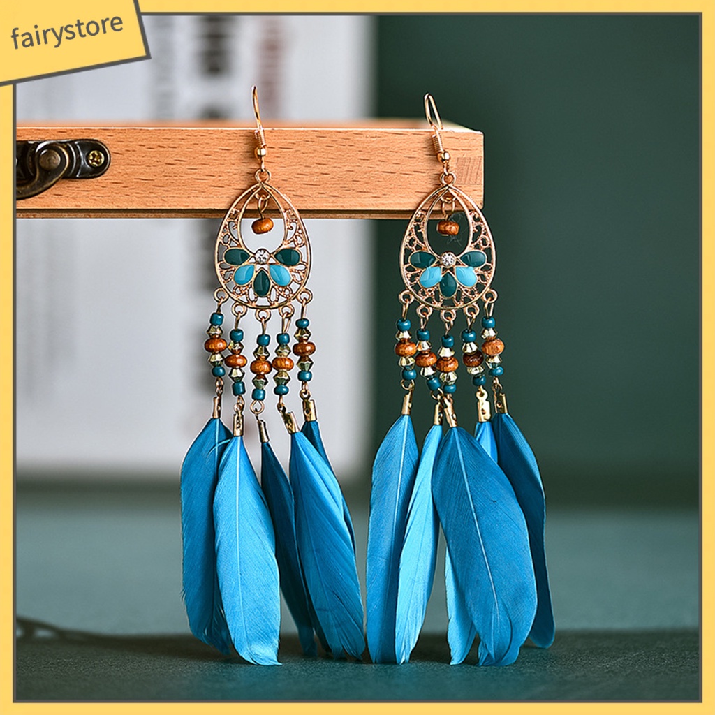 1 Đôi Bông Tai Dáng Dài Phối Lông Vũ Phong Cách Bohemian Thời Trang