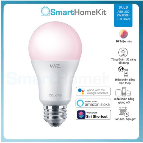 Bóng đèn thông minh WiZ Philips Tunable White and Color 9W - 16 triệu màu, đui A60, tương thích Google Home và Alexa