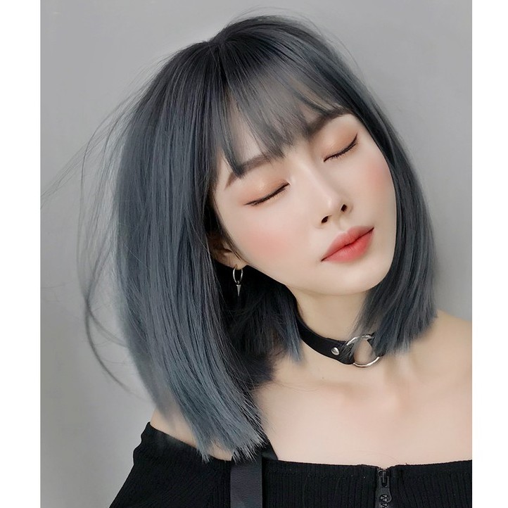 Tóc giả nguyên đầu CAO CẤP, tóc vic ngắn xanh khói xu hướng 2021 Qiqishop – tặng lưới tóc