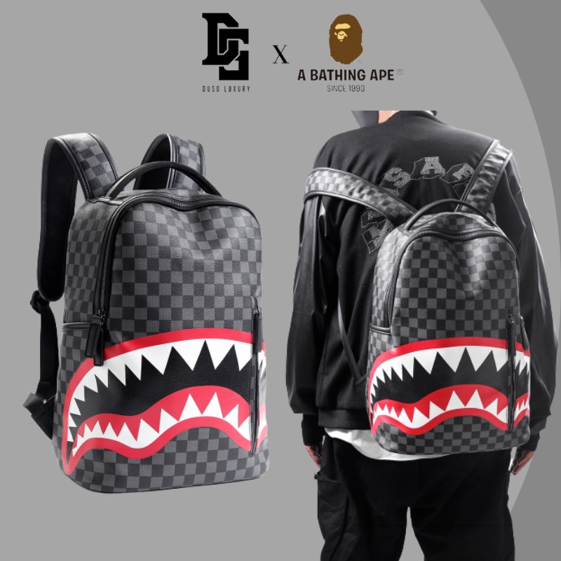 Balo SprayGround Caro/Black phong cách Bape cá mập, Bape Backpack, Chất liệu da chống nước size 32x40 DuSo