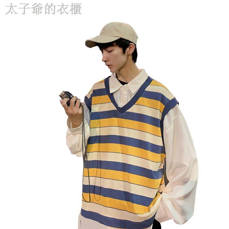Áo Sweater Giả Nhiều Lớp Cổ Sơ Mi Kẻ Sọc Dáng Rộng Kiểu Hàn Quốc Thời Trang Mùa Thu Cho Nam
