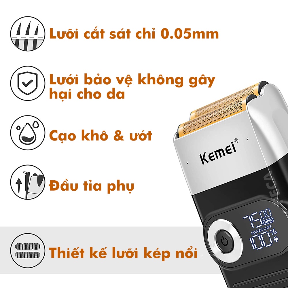 ✨Bảo hành 12 tháng✨ Máy cạo râu Kemei-2026 lưỡi kép có 3 mức tốc độ màn hình LCD, động cơ mạnh mẽ tặng dao dạo alin
