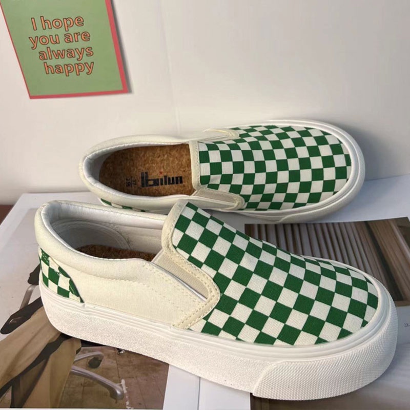Giày Thể Thao canvas Đế Dày Họa Tiết Caro Phong Cách retro Hàn Quốc Cho Nữ