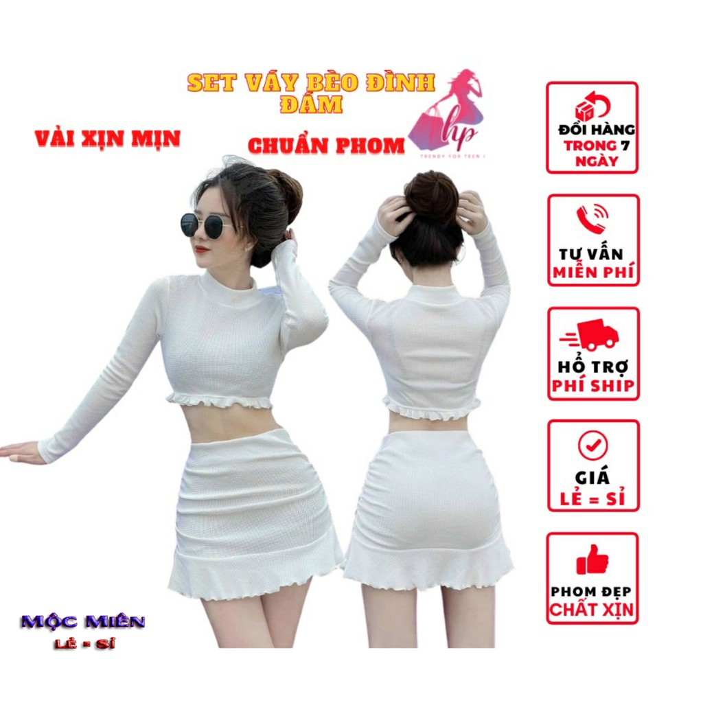 Sét bộ váy nữ cá tính áo croptop tay dài viền bèo kèm chân váy nhún ômbody thời trang nữ 2021