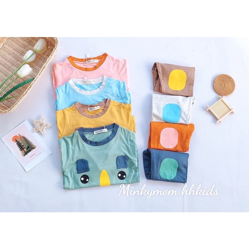 Bộ quần áo dài tay cổ chui mùa hè phối màu hình thú vải thun lạnh điều hoà Minky mom bé trai bé gái (7-16kg)
