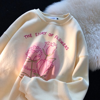 Áo sweater PEWARN cổ tròn lót nhung họa tiết hoa ngọt ngào phong cách Hồng Kông thời trang thu đông