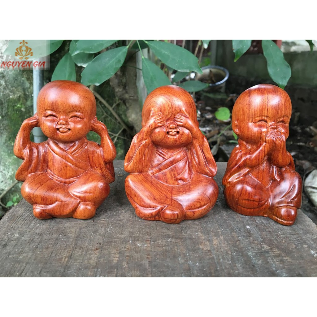 Bộ tượng chú tiểu tam không bằng gỗ Hương để bàn làm việc, ôtô
