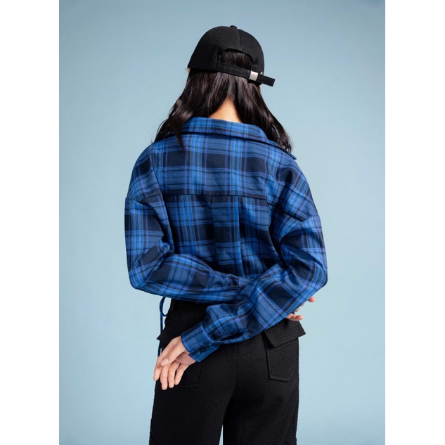 Áo sơ mi croptop tay dài dây thắt eo thời trang GAGO hoạ tiết caro xanh dương GA3838