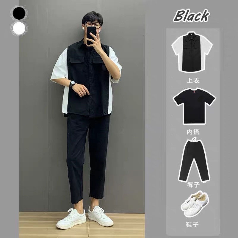 Áo thun/ Áo sơ mi tay ngắn màu sắc tương phản/ Quần jean dài/ Vớ phong cách Nhật Bản thời trang cho nam