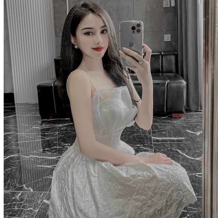 Váy hoa xốp nổi 2 dây trễ vai dây ngọc siêu hot đầm thiết kế dự tiệc DN788
